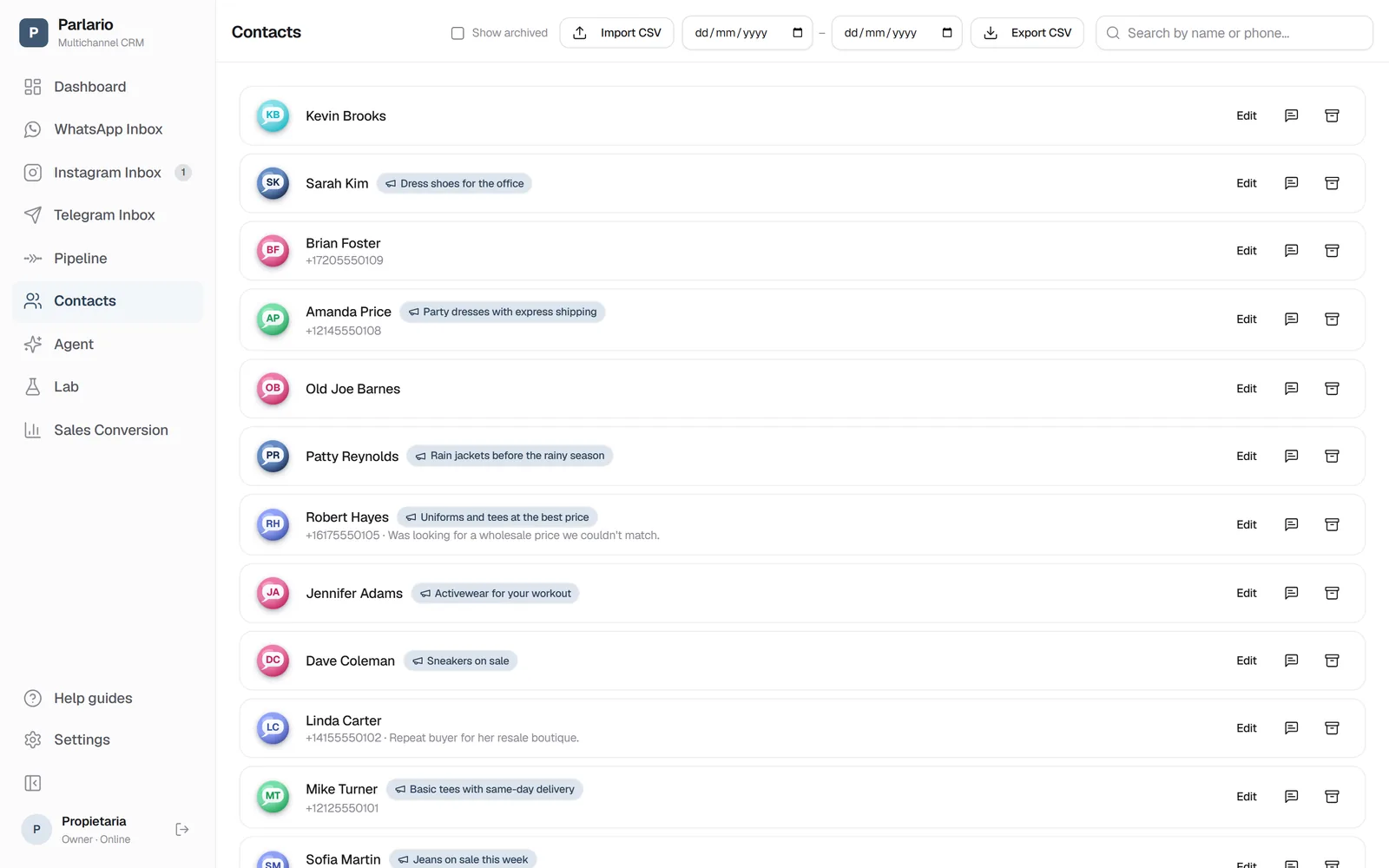 Contacts list: each person carries the tag of the Meta Ads campaign they came from