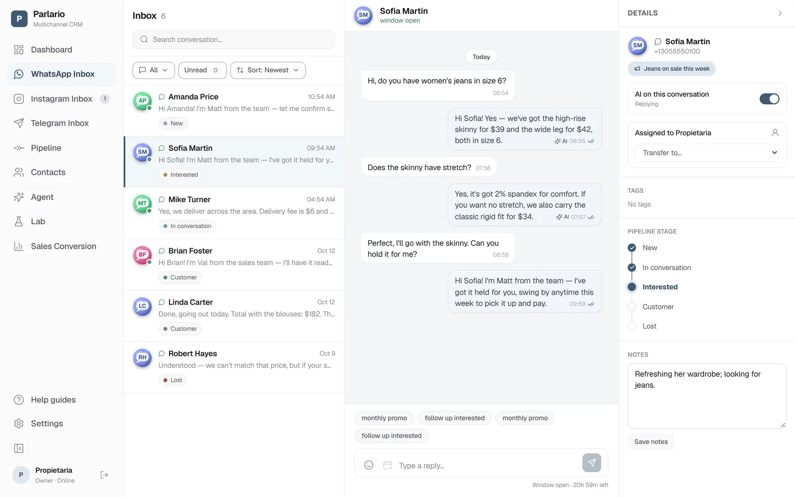 Parlario on a laptop: the inbox with the open conversation and the contact's details.