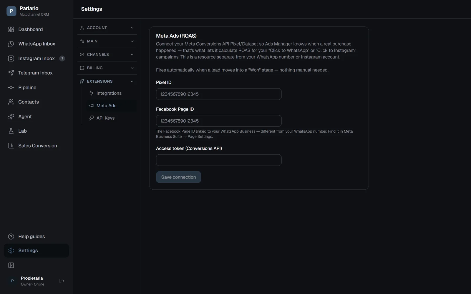 Settings → Meta Ads in Parlario: connect your Pixel and Conversions API token