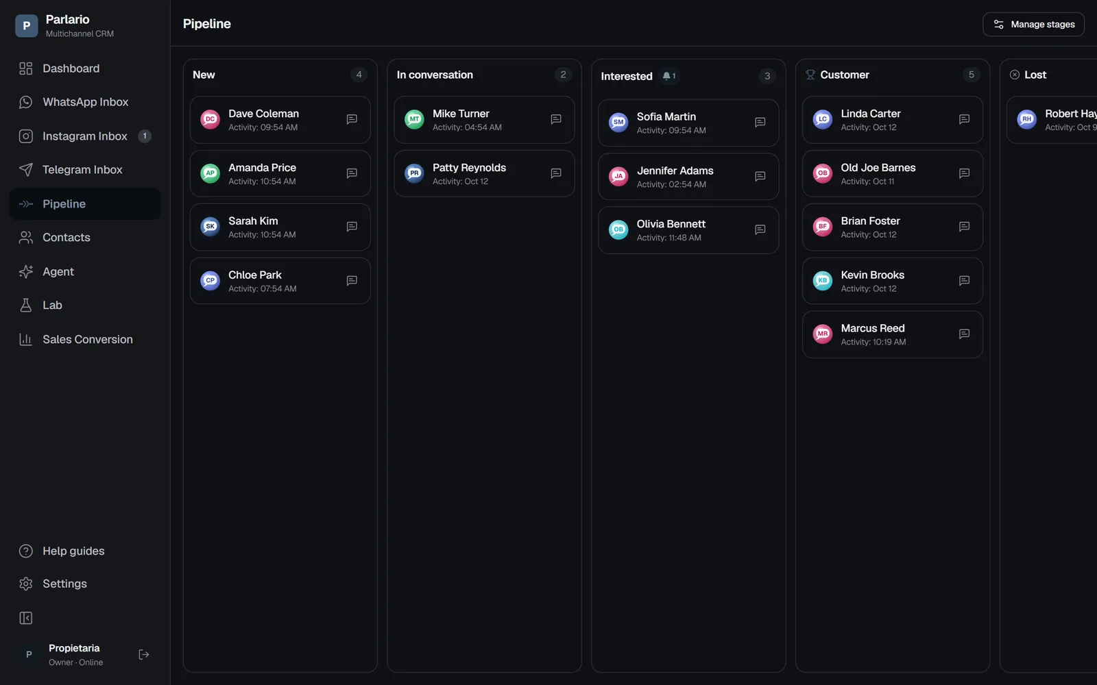 Parlario sales pipeline kanban board with WhatsApp contacts organized by stage