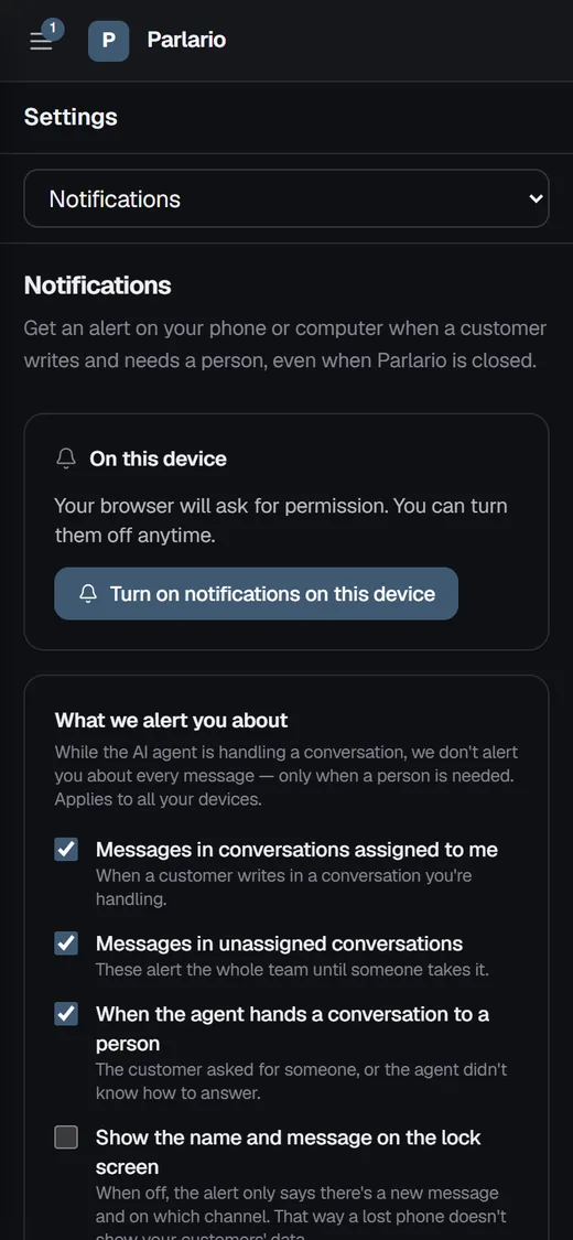 Parlario on a phone: the notification settings for this device.