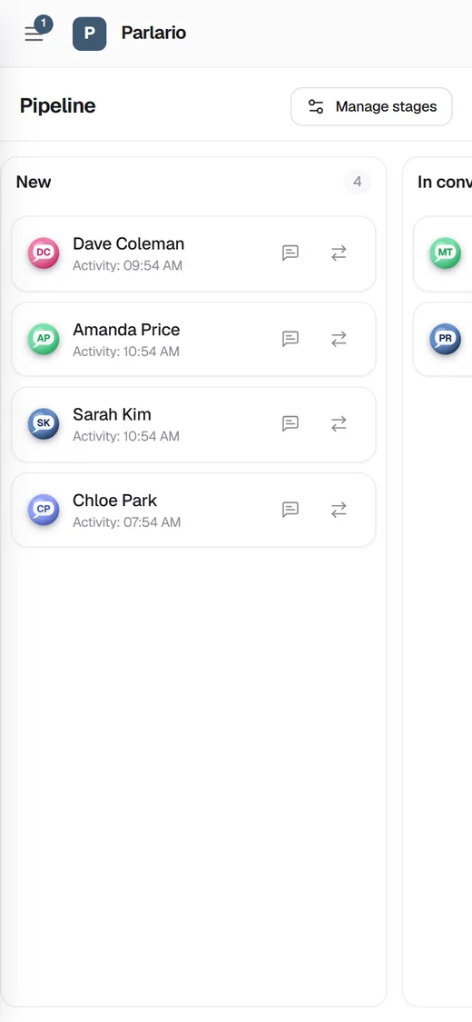 Parlario on a phone: the sales pipeline, one stage at a time.