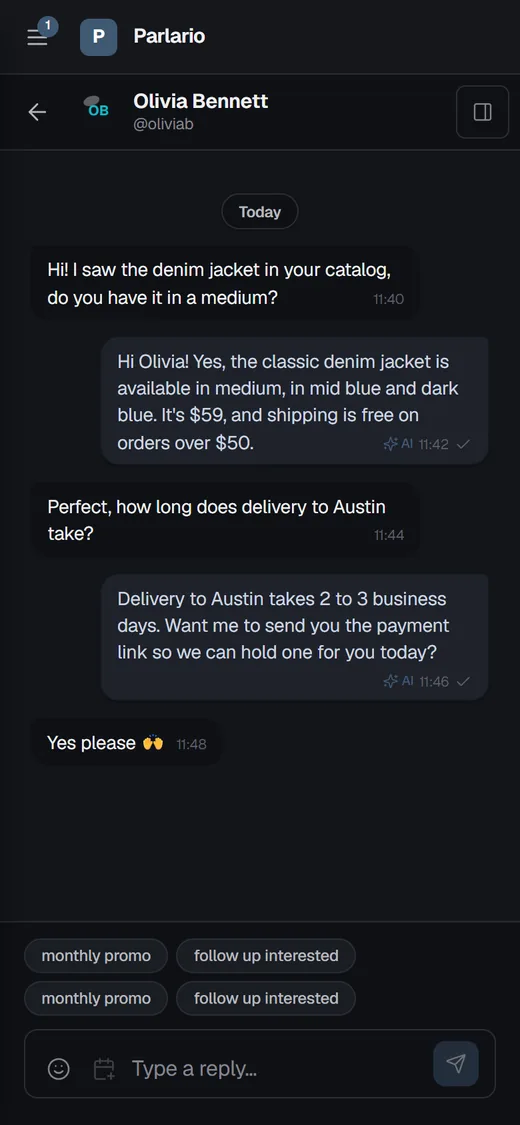 Parlario on a phone: a conversation in the Telegram Inbox, with the AI agent's replies marked.