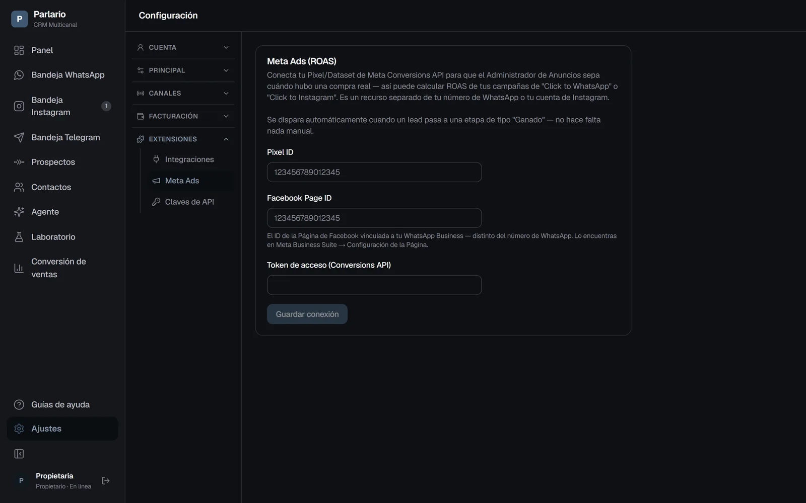 Ajustes → Meta Ads en Parlario: conecta tu Pixel y tu token de Conversions API