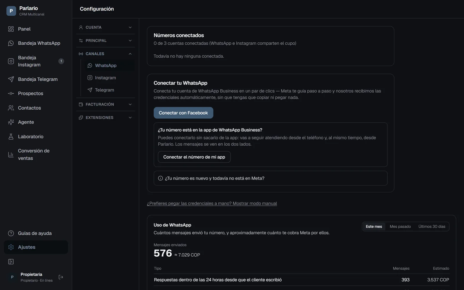 Ajustes → Canales → WhatsApp en Parlario: estado del número conectado, con el modo manual disponible como alternativa