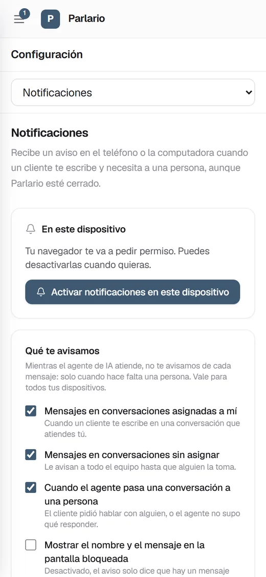Parlario en el teléfono: la configuración de notificaciones de este dispositivo.