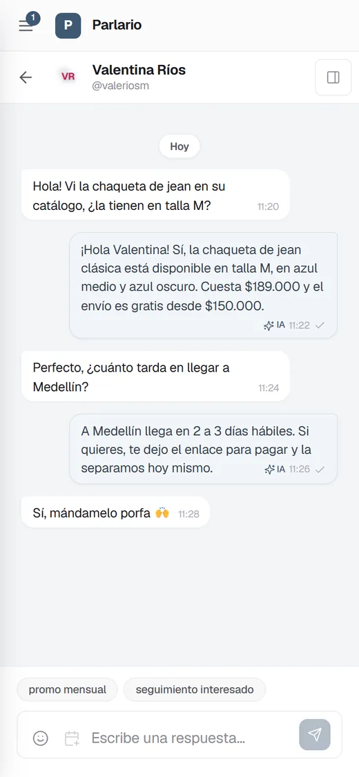 Parlario en el teléfono: una conversación de la Bandeja de Telegram, con las respuestas del agente de IA marcadas.