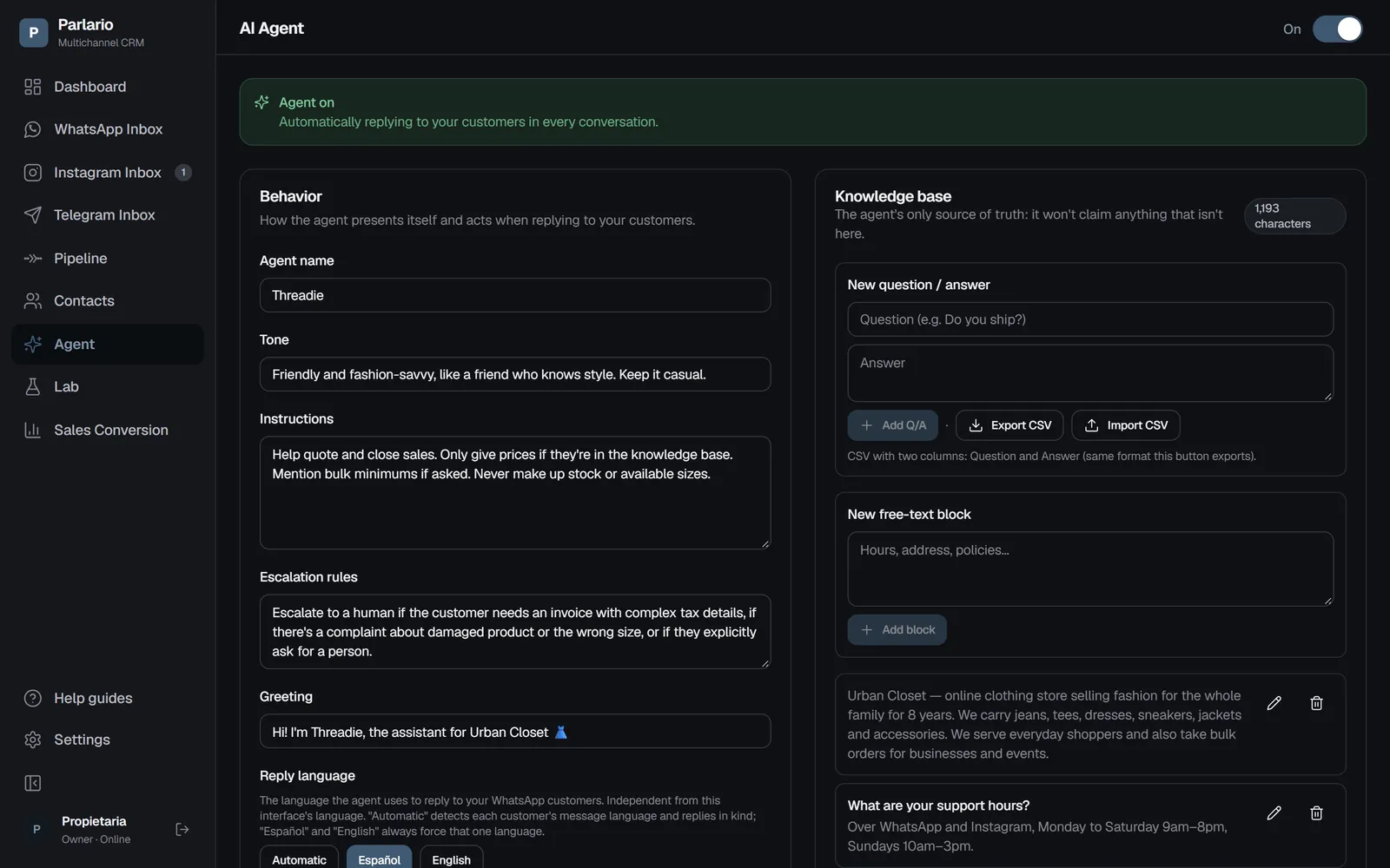 Agent: its behavior on the left and the knowledge base on the right