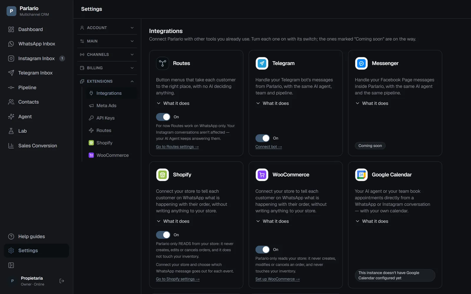 Settings → Integrations: each integration turns on with its switch