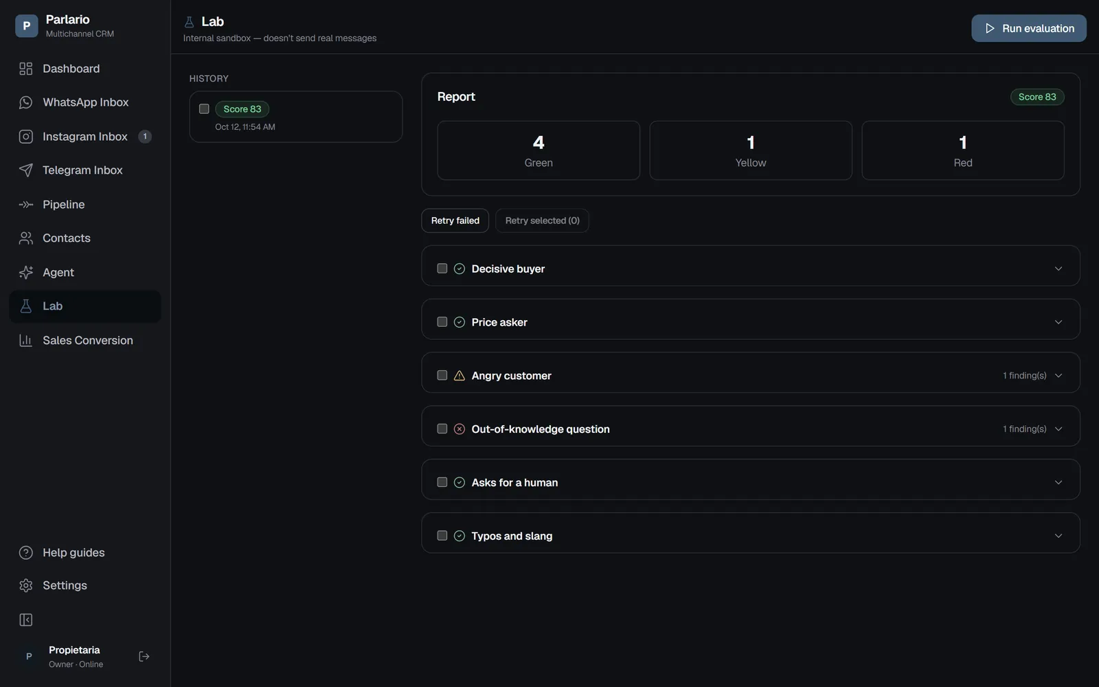 The Lab: the report with the score and each simulated customer
