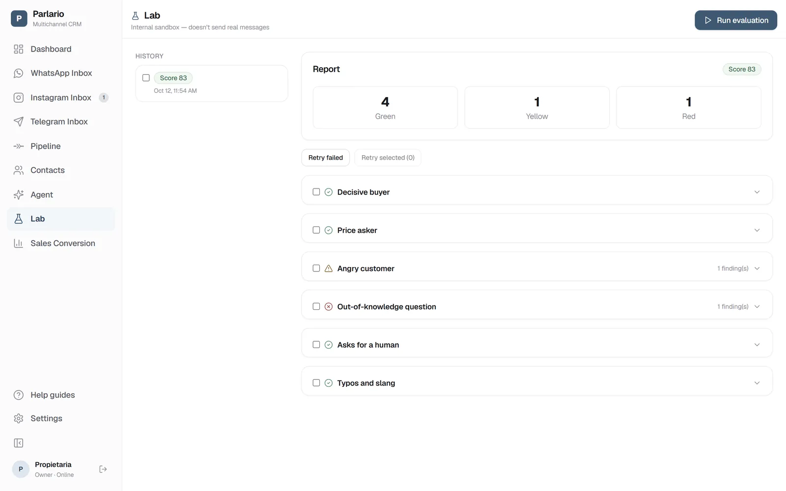 The Lab: the report with the score and each simulated customer