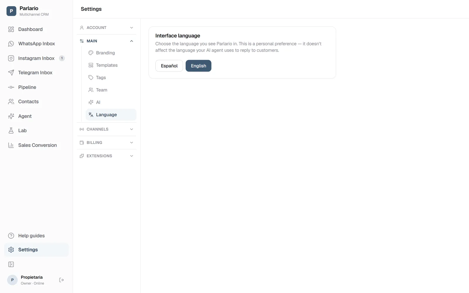 Settings → Language