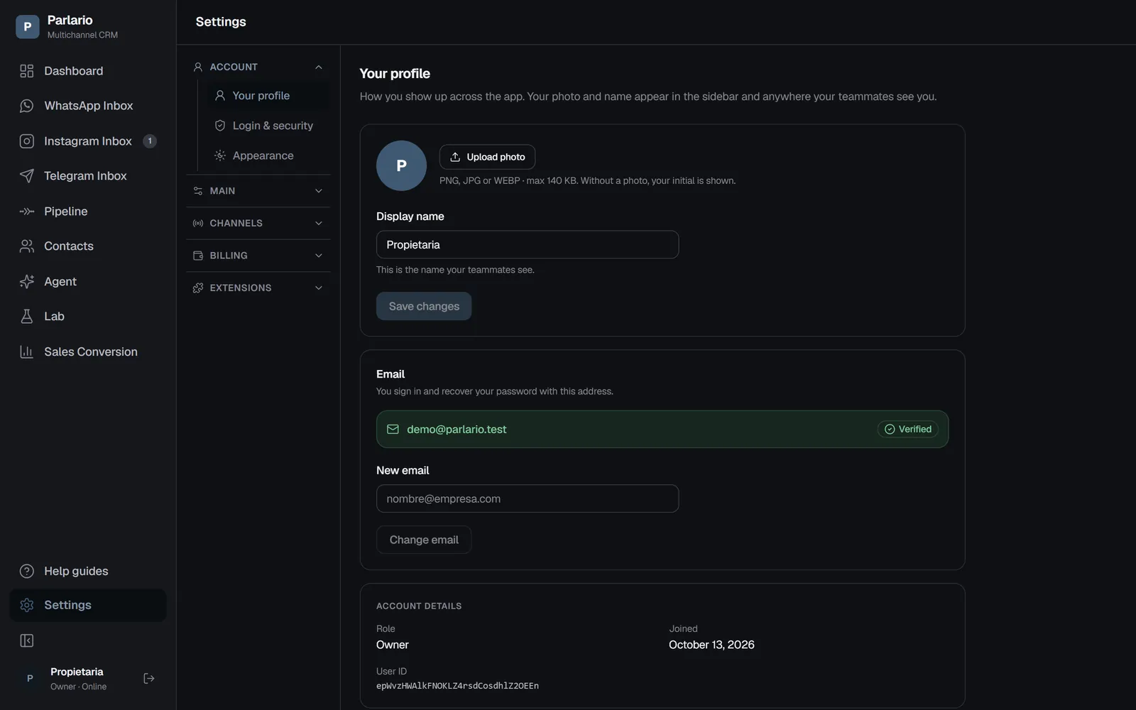 Settings → Your profile