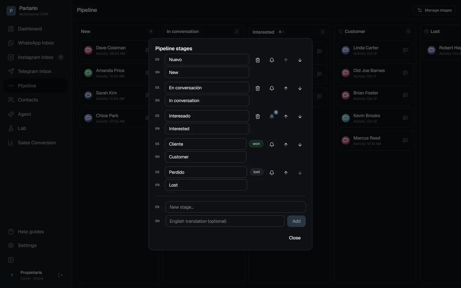 Pipeline → Manage stages