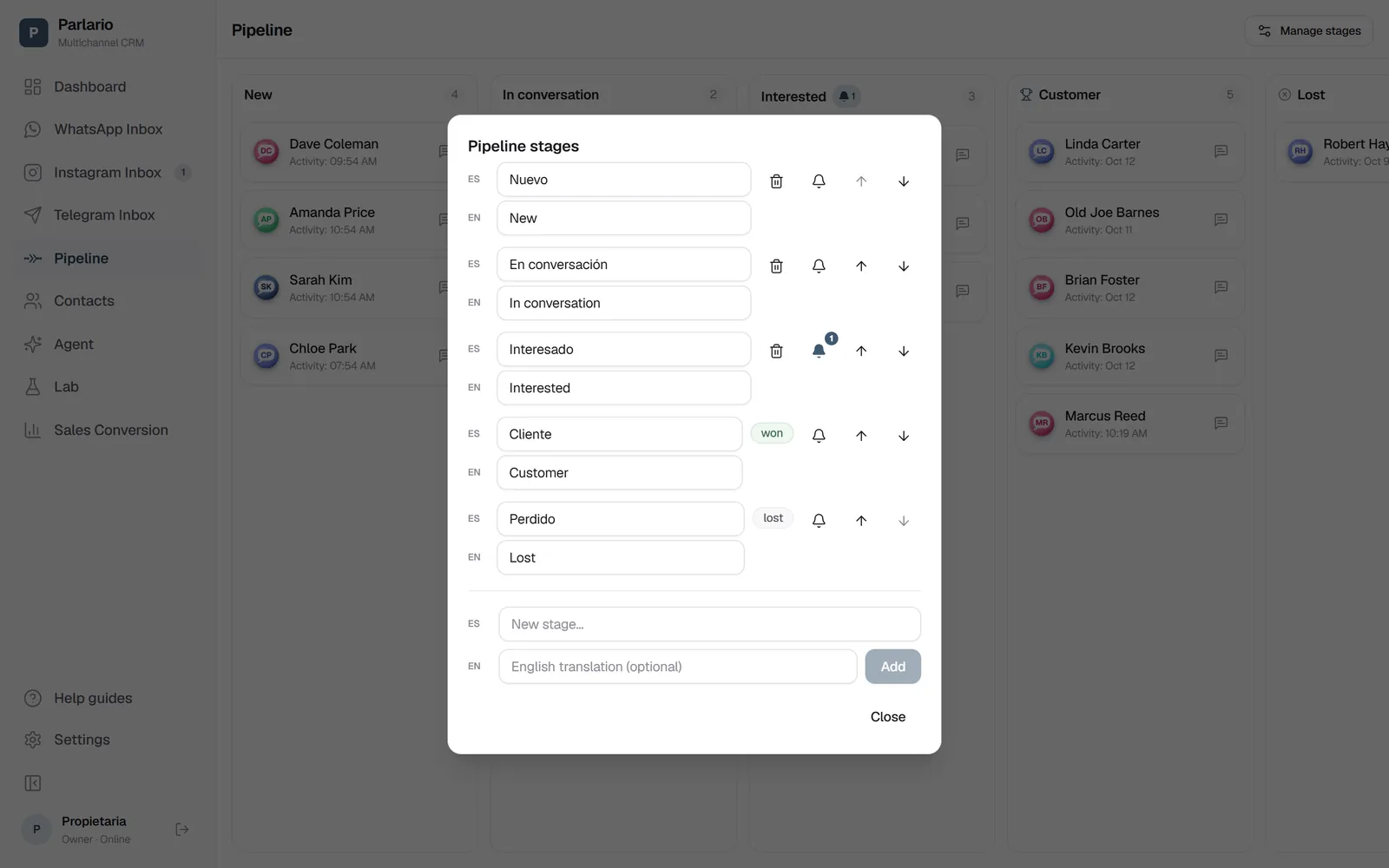 Pipeline → Manage stages