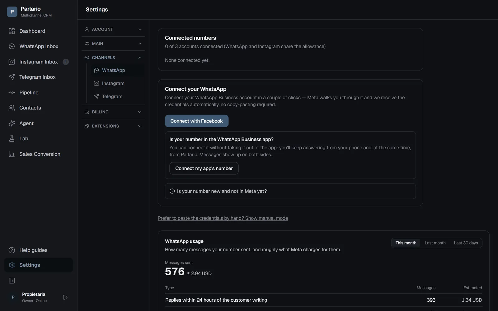 Settings → Channels → WhatsApp, with the Connect with Facebook button
