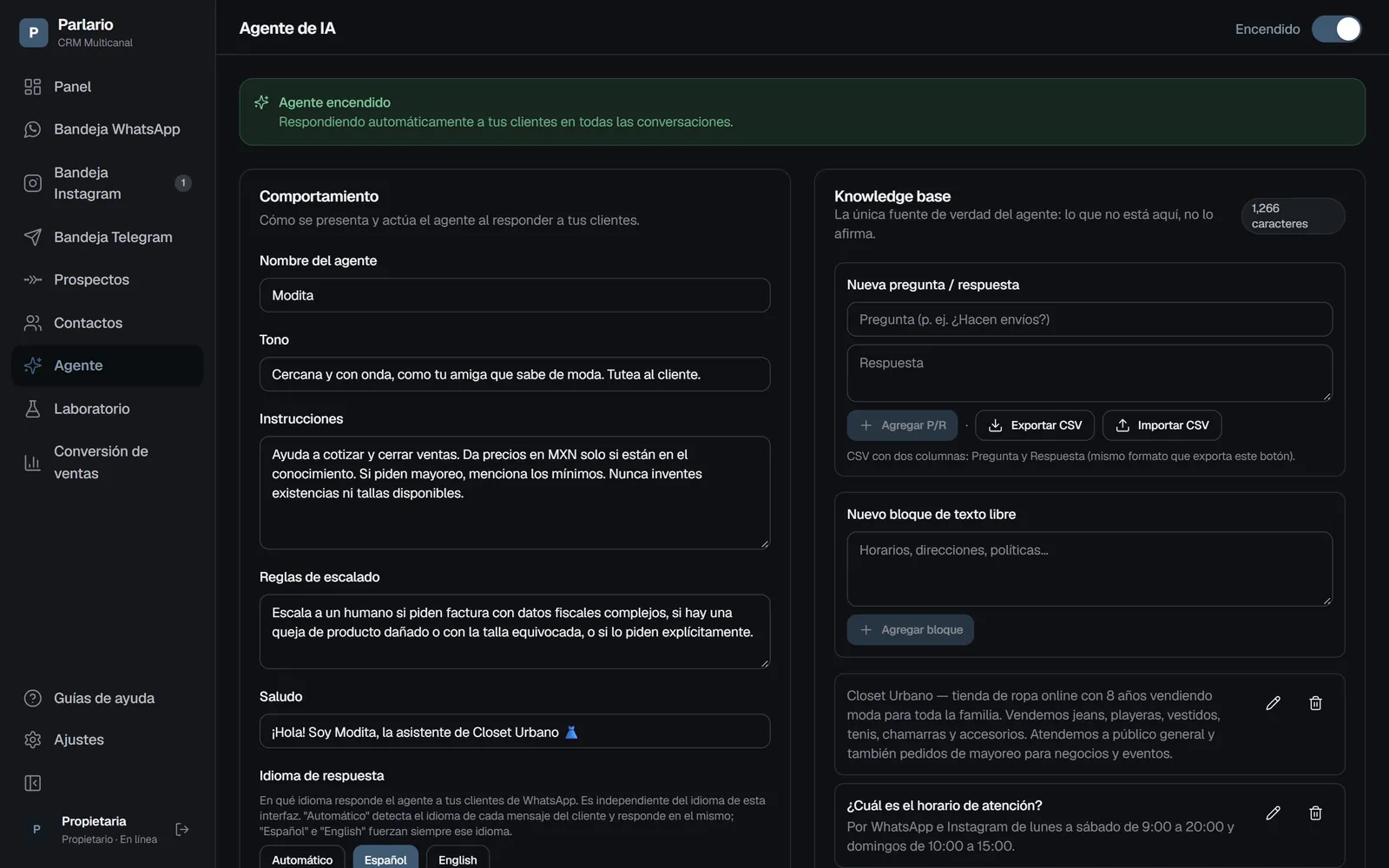 Agente → Base de conocimiento, a la derecha de la página