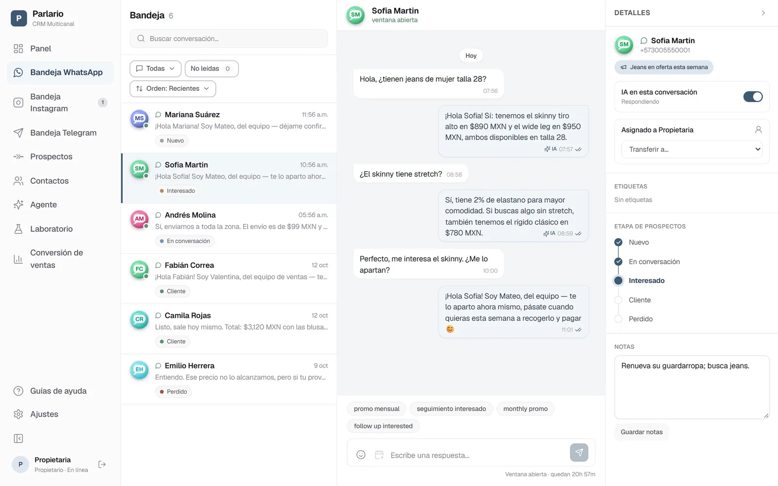 En los detalles del contacto, la etiqueta con el anuncio del que vino