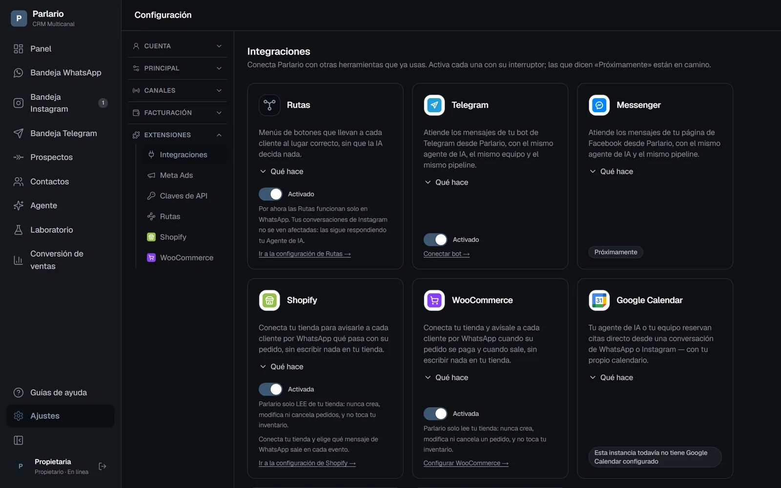 Ajustes → Integraciones: cada integración se activa con su interruptor