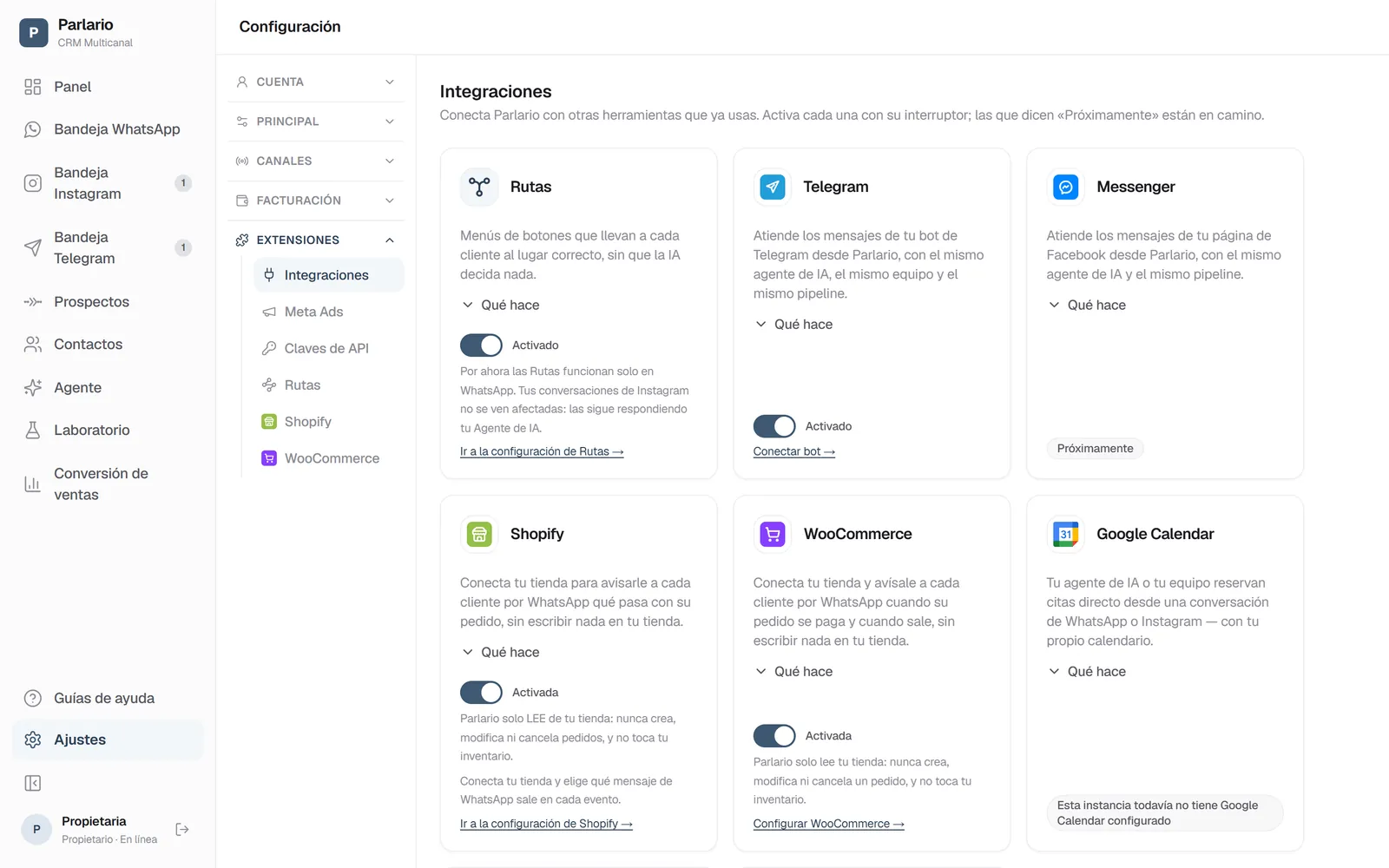 Ajustes → Integraciones: cada integración se activa con su interruptor