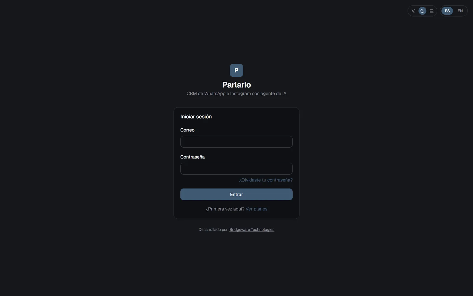La pantalla para iniciar sesión en Parlario