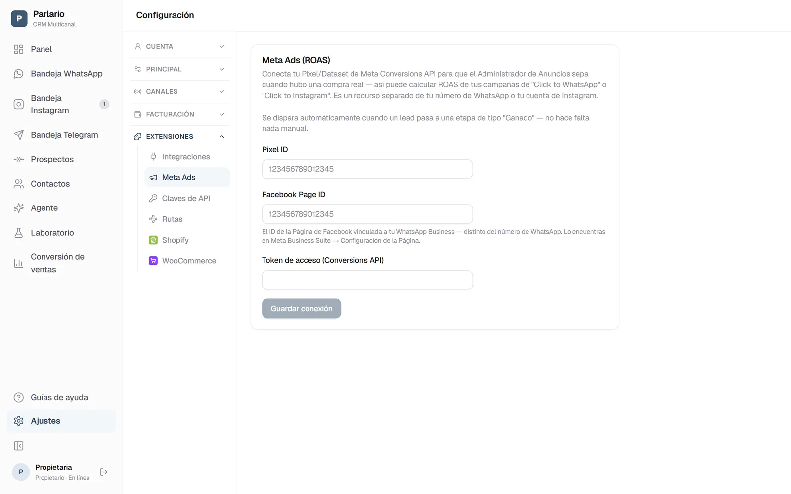 Ajustes → Meta Ads