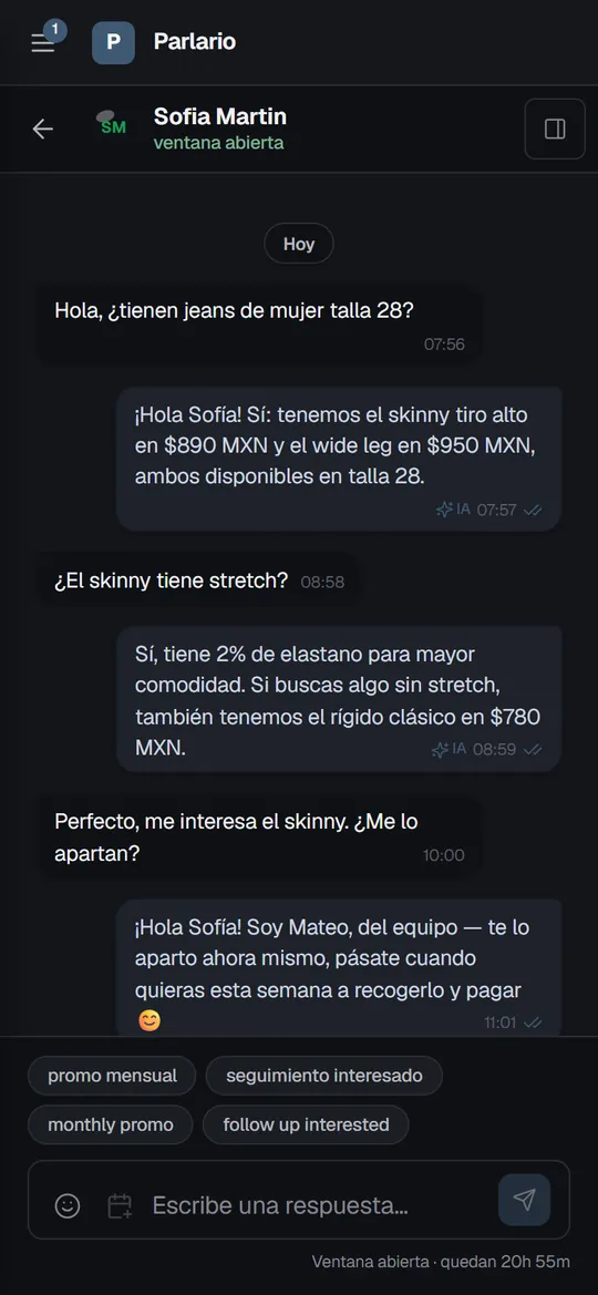 Una conversación en el teléfono, con las respuestas del Agente de IA marcadas