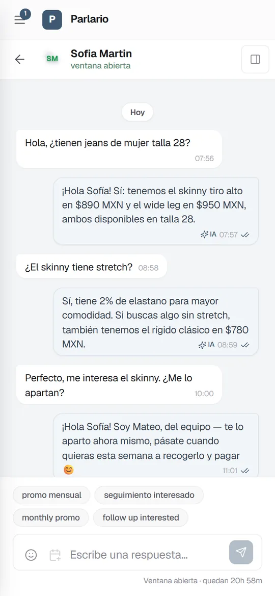 Una conversación en el teléfono, con las respuestas del Agente de IA marcadas