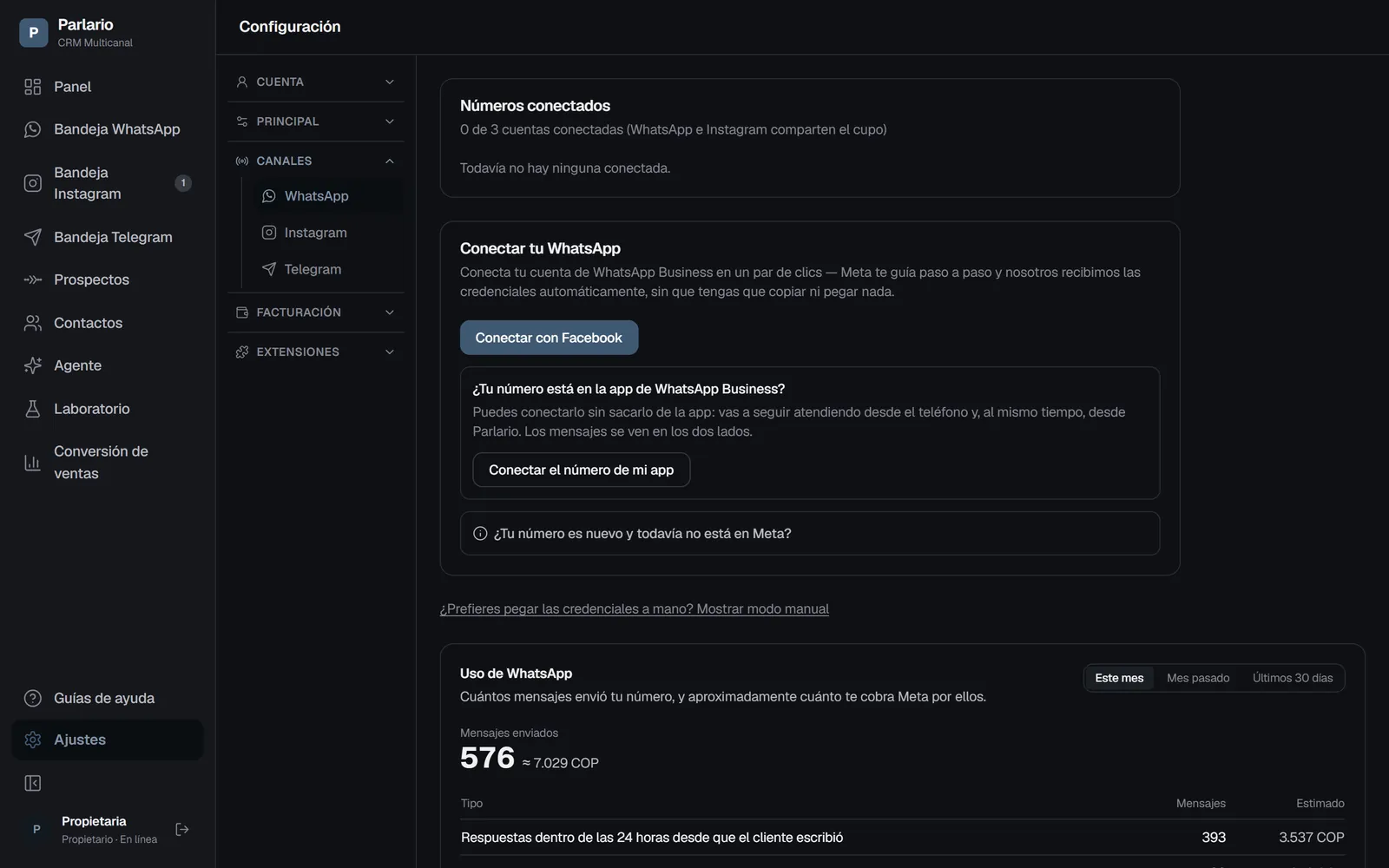 Ajustes → Canales → WhatsApp, con el botón Conectar con Facebook