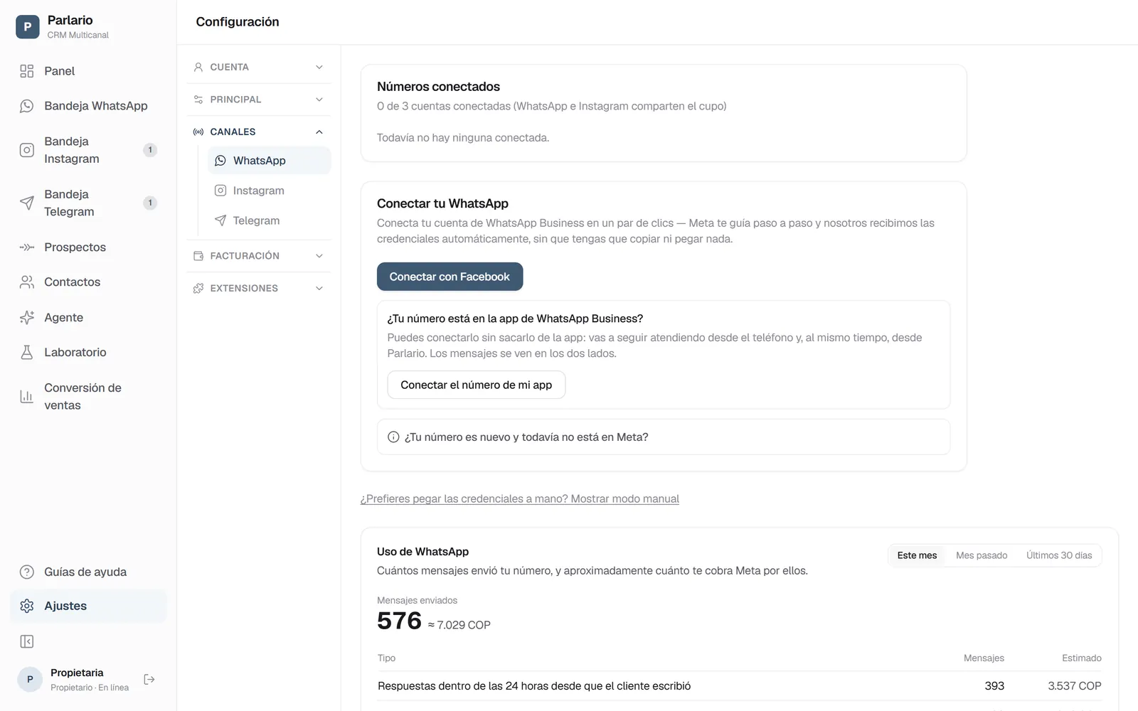 Ajustes → Canales → WhatsApp, con el botón Conectar con Facebook