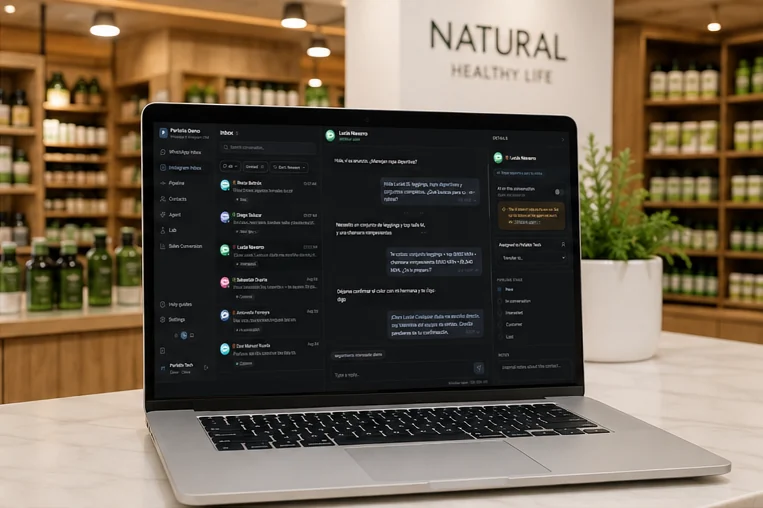 Parlario open on a laptop, with the shop's WhatsApp conversations.