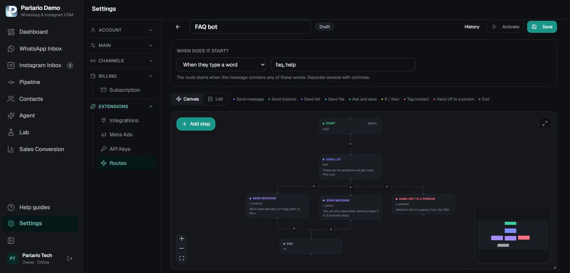 Parlario's Routes builder: the canvas with a route's steps wired to each other
